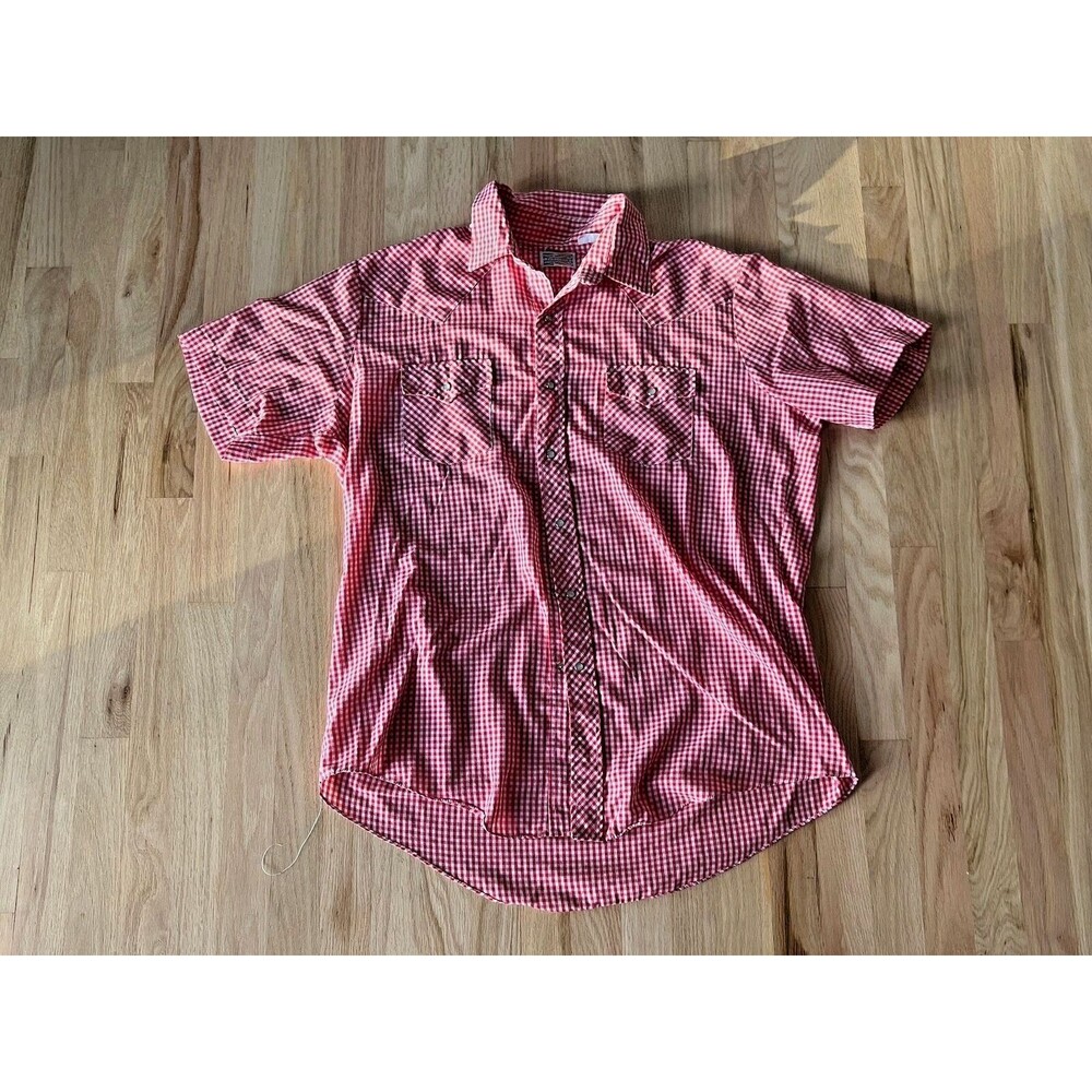 vtg 70s Pardners western shirt pearl snap short sleeve‎ red white checked 17.5"